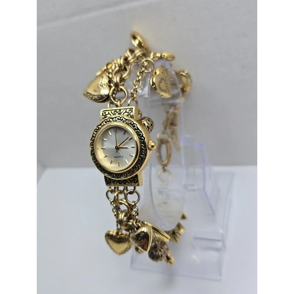 Womens Vintage Gold Tone Hearts Lockets Charms Bracelet Quartz Watch New Battery